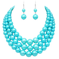 Women's 3 Colorful Multi Strands Simulated Pearl Necklace And Earrings Jewelry Gift Set, 18"+3" Extender