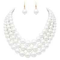 Women's 3 Colorful Multi Strands Simulated Pearl Necklace And Earrings Jewelry Gift Set, 18"+3" Extender