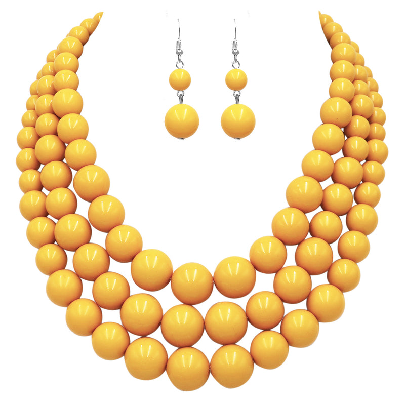 Colorful Multi Strand Simulated Pearl Necklace And Earrings Jewelry Gift Set, 18"+3" Extender (Sunshine Yellow Silver Tone - Double Ball Earring)