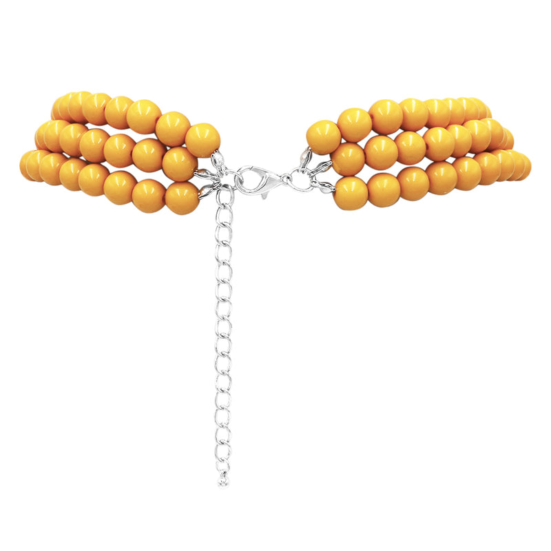 Colorful Multi Strand Simulated Pearl Necklace And Earrings Jewelry Gift Set, 18"+3" Extender (Sunshine Yellow Silver Tone - Double Ball Earring)