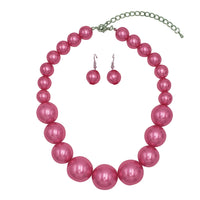 Statement Piece X-Large Holiday Simulated Pearl Strand Bib Necklace Earrings Set, 18"+4" Extender (Pink Silver Tone)