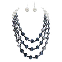 Stunning Multi Strand Ombre Simulated Pearl And Crystal Necklace Earrings Jewelry Set, 18"+3" Extender (Blue White Pearl Silver Tone)