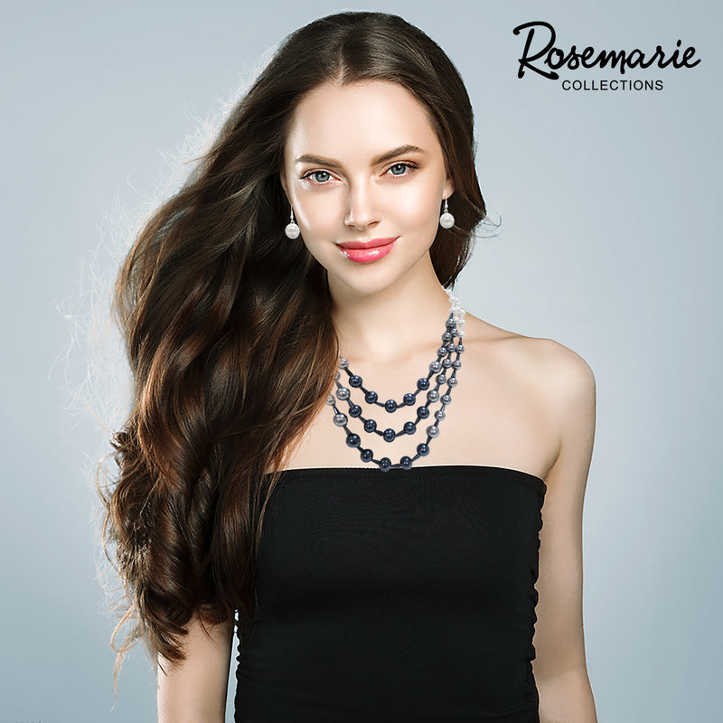 Stunning Multi Strand Ombre Simulated Pearl And Crystal Necklace Earrings Jewelry Set, 18"+3" Extender (Blue White Pearl Silver Tone)