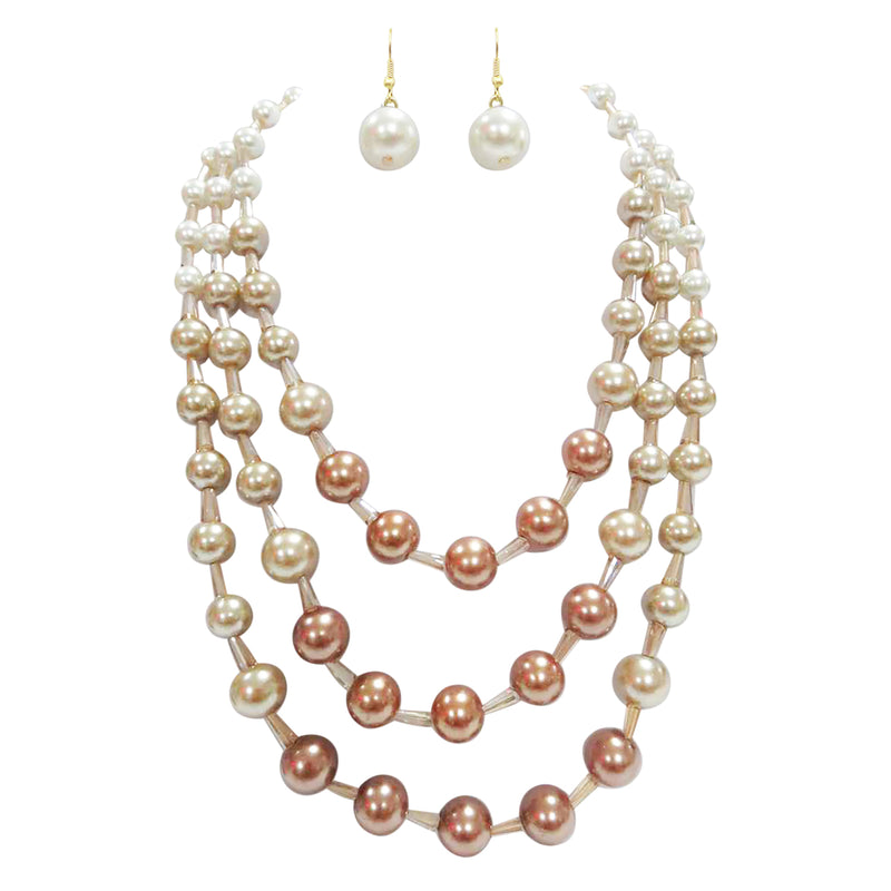 Stunning Multi Strand Ombre Simulated Pearl And Crystal Necklace Earrings Jewelry Set, 18"+3" Extender (Brown Cream Pearl Gold Tone)