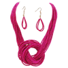 Vibrant Fuchsia Pink Knotted Multi-Strand Seed Bead Statement Bohemian Necklace And Earrings Set, 16"+3" Extender