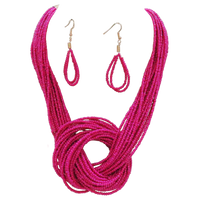 Vibrant Fuchsia Pink Knotted Multi-Strand Seed Bead Statement Bohemian Necklace And Earrings Set, 16"+3" Extender