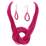 Vibrant Fuchsia Pink Knotted Multi-Strand Seed Bead Statement Bohemian Necklace And Earrings Set, 16