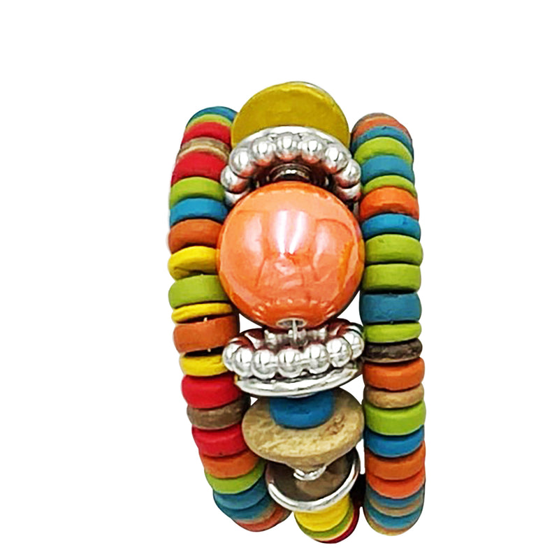 Bohemian Chic Flexible Memory Wire Colorful Wrap Glass Bauble And Wood Bead Bracelet (Rainbow With Orange)