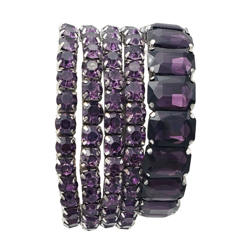 Stunning Statement Set Of 5 Colorful Crystal Rhinestone Stretch Bracelets, 6.75"