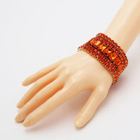 Women's Stunning Statement Bejeweled Set Of 5 Colorful Crystal Rhinestone Stretch Bracelets, 6.75" (Orange Crystal Gold Tone)
