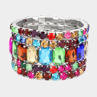 Stunning Statement Set Of 5 Colorful Crystal Rhinestone Stretch Bracelets, 6.75"