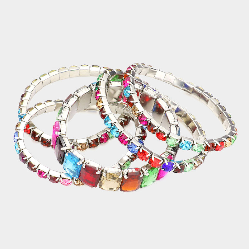 Stunning Statement Set Of 5 Colorful Crystal Rhinestone Stretch Bracelets, 6.75"