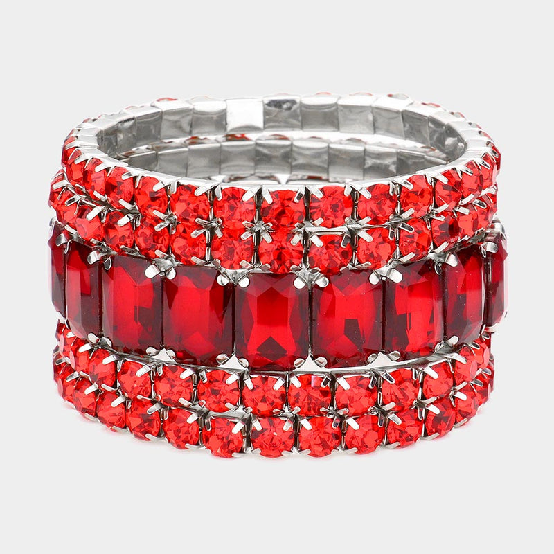 Stunning Statement Set Of 5 Colorful Crystal Rhinestone Stretch Bracelets, 6.75"