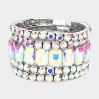 Stunning Statement Set Of 5 Colorful Crystal Rhinestone Stretch Bracelets, 6.75" (AB Crystal Silver Tone)