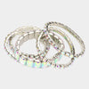 Stunning Statement Set Of 5 Colorful Crystal Rhinestone Stretch Bracelets, 6.75" (AB Crystal Silver Tone)