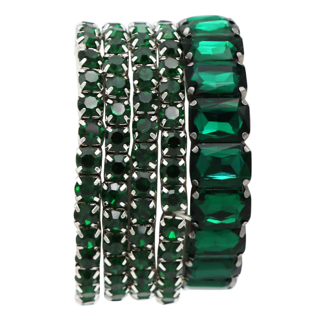 Stunning Statement Bejeweled Set Of 5 Colorful Crystal Rhinestone Stretch Bracelets, 6.75" (Emerald Green Crystal Silver Tone)
