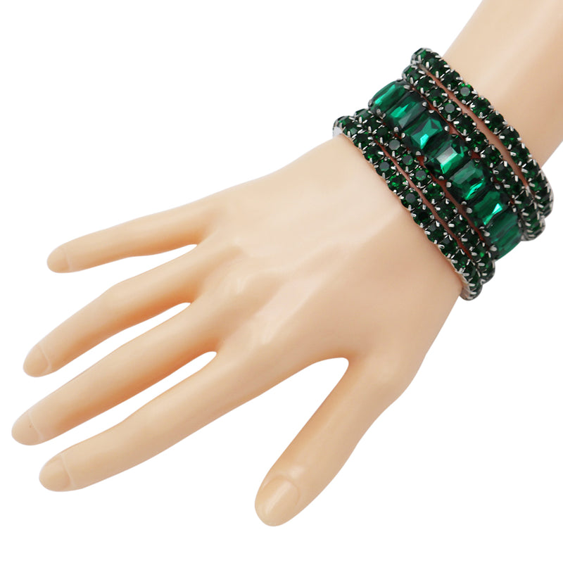 Stunning Statement Bejeweled Set Of 5 Colorful Crystal Rhinestone Stretch Bracelets, 6.75" (Emerald Green Crystal Silver Tone)