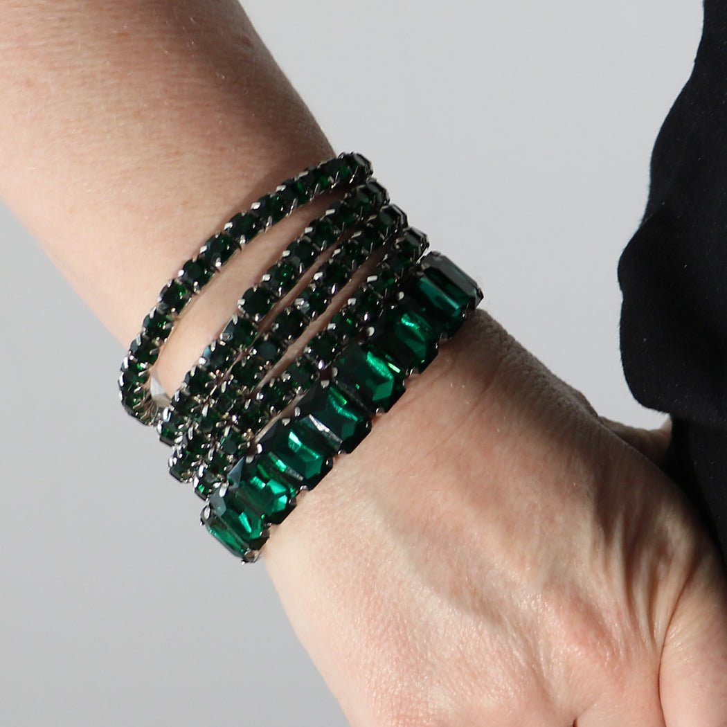 Stunning Statement Bejeweled Set Of 5 Colorful Crystal Rhinestone Stretch Bracelets, 6.75" (Emerald Green Crystal Silver Tone)
