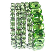 Stunning Statement Set Of 5 Colorful Crystal Rhinestone Stretch Bracelets, 6.75" (Green Crystal Silver Tone)