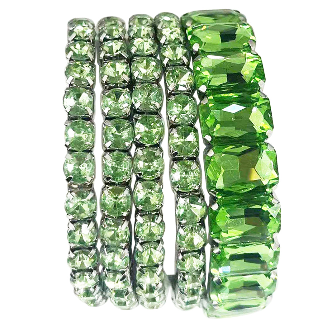 Stunning Statement Set Of 5 Colorful Crystal Rhinestone Stretch Bracelets, 6.75"