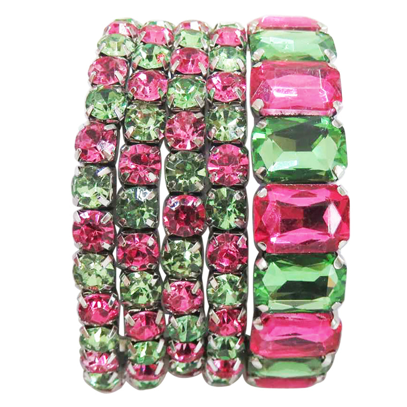 Stunning Statement Set Of 5 Colorful Crystal Rhinestone Stretch Bracelets, 6.75"