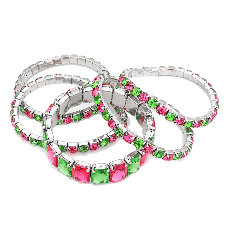 Stunning Statement Set Of 5 Colorful Crystal Rhinestone Stretch Bracelets, 6.75"