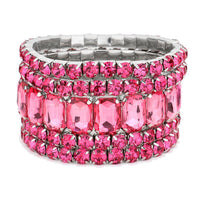 Stunning Statement Set Of 5 Colorful Crystal Rhinestone Stretch Bracelets, 6.75"