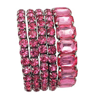 Stunning Statement Set Of 5 Colorful Crystal Rhinestone Stretch Bracelets, 6.75"