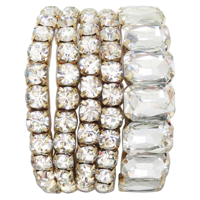 Stunning Statement Set Of 5 Colorful Crystal Rhinestone Stretch Bracelets, 6.75" (Clear Crystal Gold Tone)