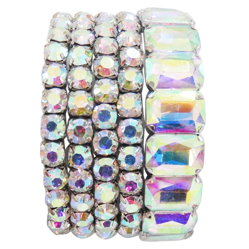 Stunning Statement Set Of 5 Colorful Crystal Rhinestone Stretch Bracelets, 6.75"