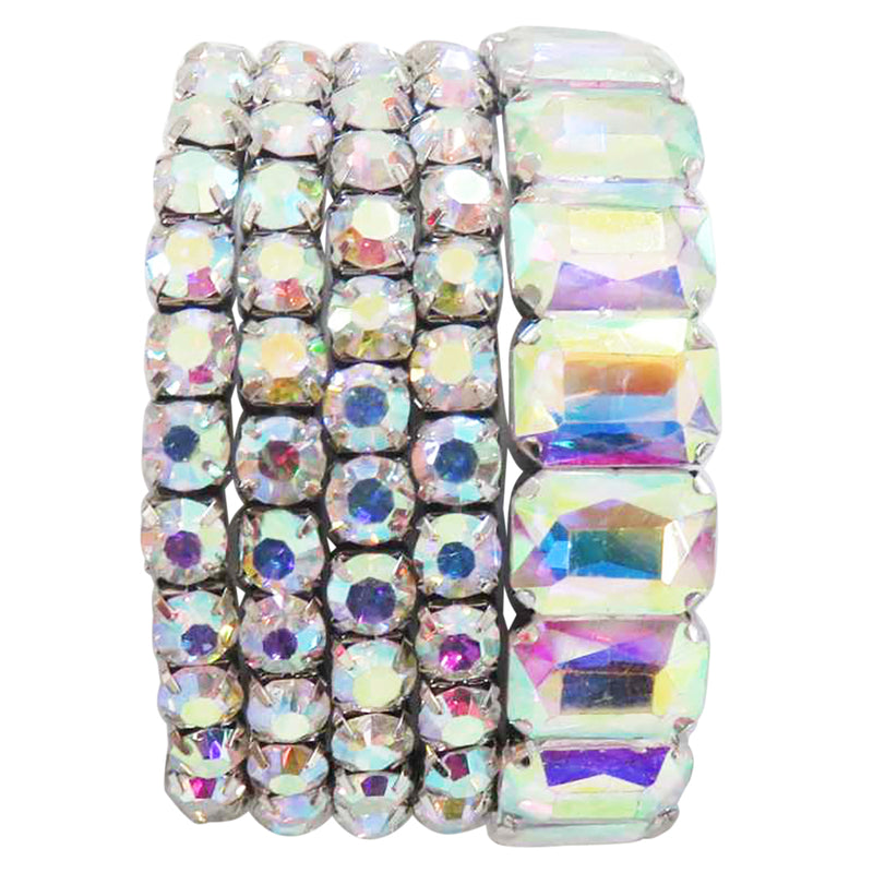 Stunning Statement Set Of 5 Colorful Crystal Rhinestone Stretch Bracelets, 6.75" (AB Crystal Silver Tone)