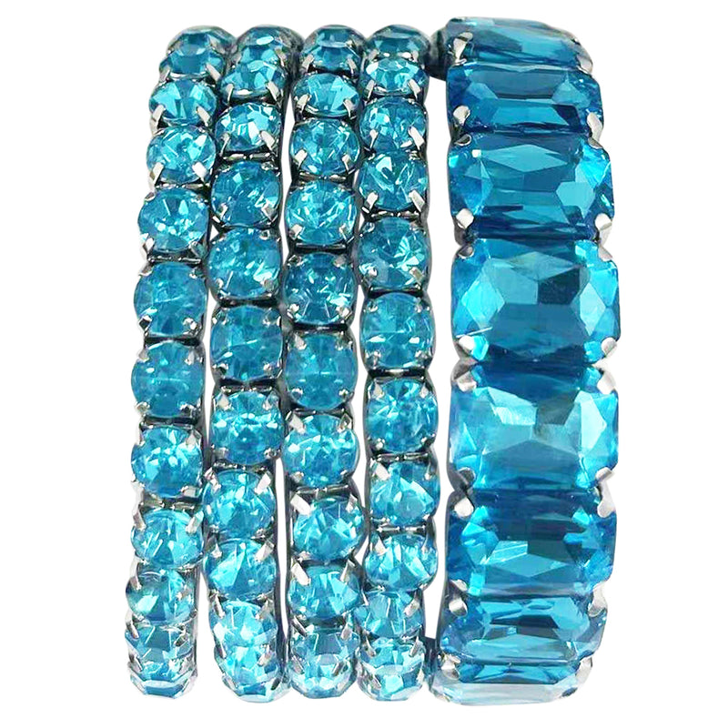 Stunning Statement Set Of 5 Colorful Crystal Rhinestone Stretch Bracelets, 6.75" (Aqua Blue Crystal Silver Tone)