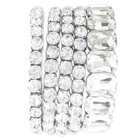 Stunning Statement Set Of 5 Colorful Crystal Rhinestone Stretch Bracelets, 6.75" (Clear Crystal Silver Tone)