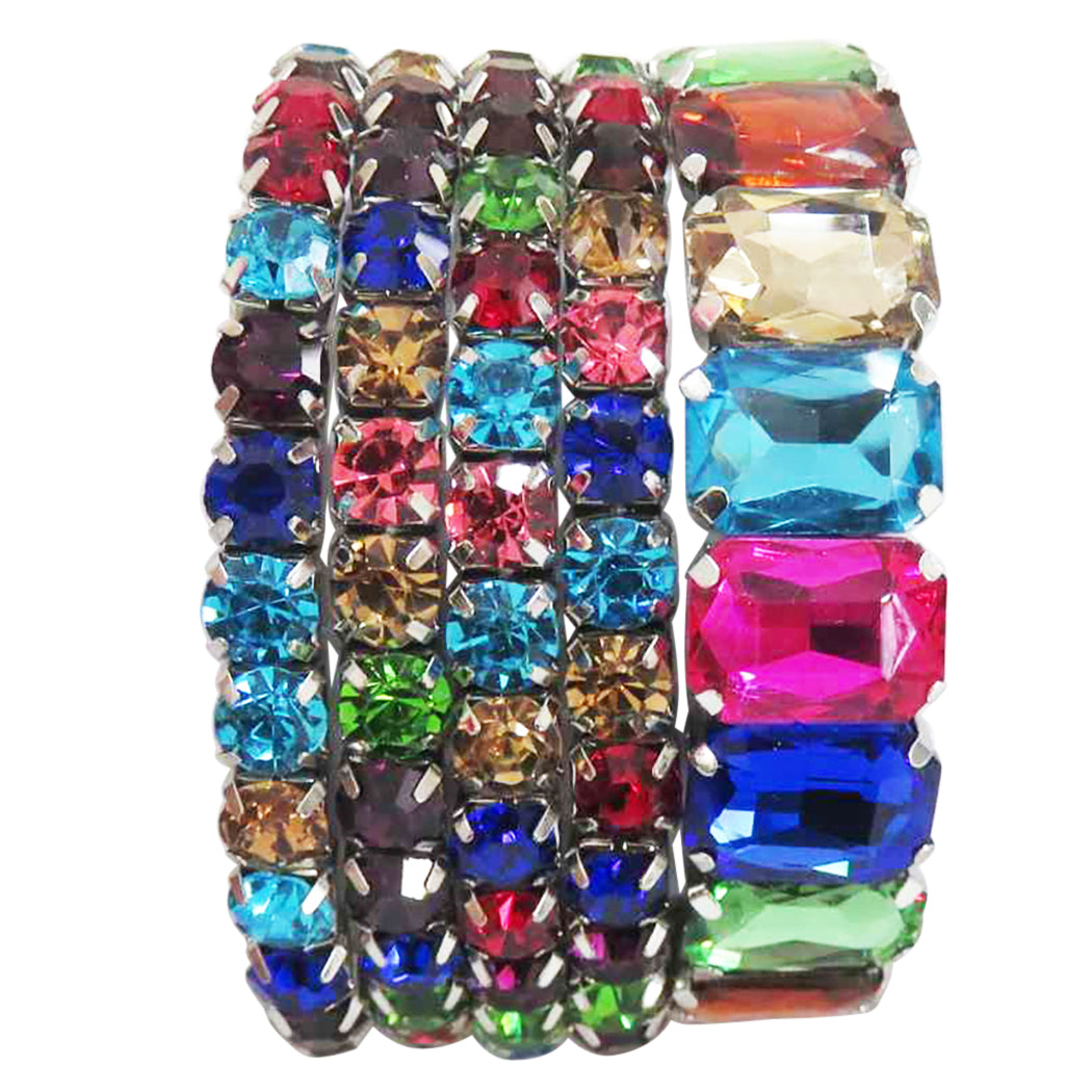 Women's Crystal Rhinestone Bracelet Set - 5 Stretch Bracelets, Colorful Glass Stones, 6.75 Inch, Gift Boxed