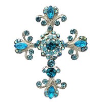 Vintage Vibes Stunning Crystal Rhinestone Christian Cross Brooch With Pendant Loop, 2.75 (Blue Crystal Silver Tone)