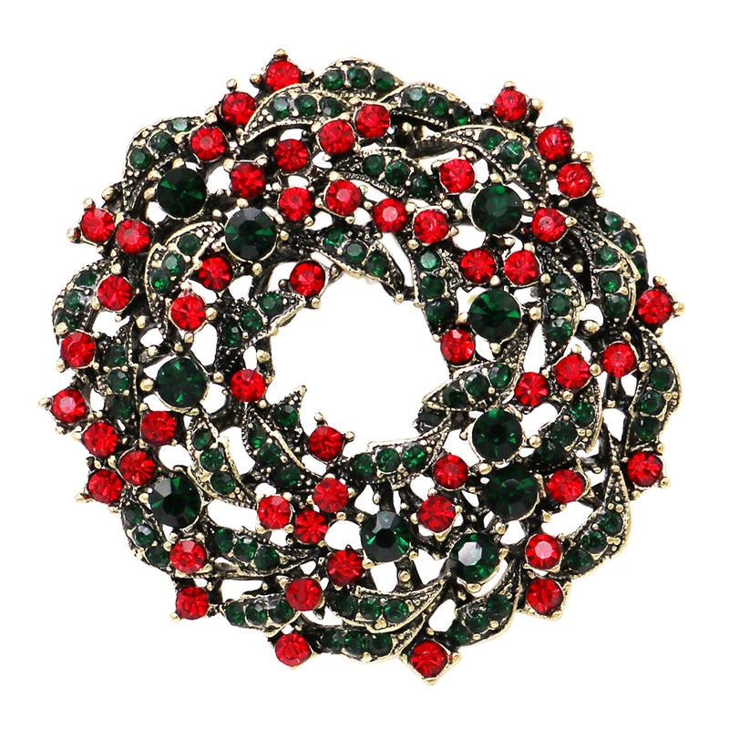 Sparkling Crystal Rhinestone Christmas Holiday Wreath Brooch With Pendant Loop, 2.25"