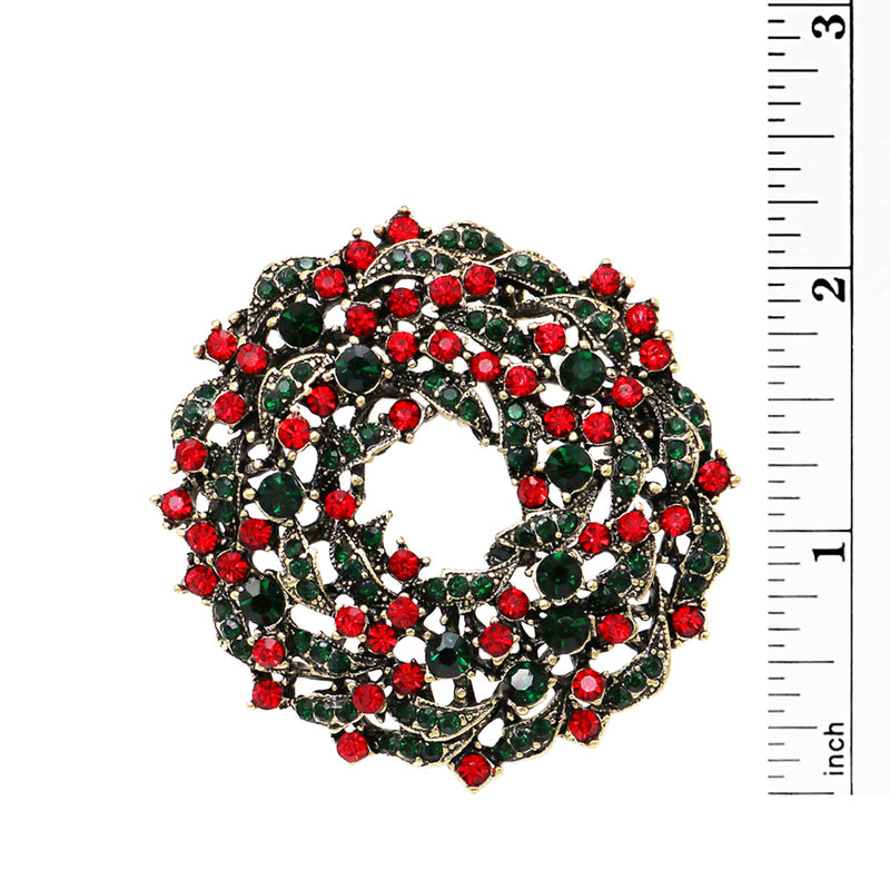 Sparkling Crystal Rhinestone Christmas Holiday Wreath Brooch With Pendant Loop, 2.25"