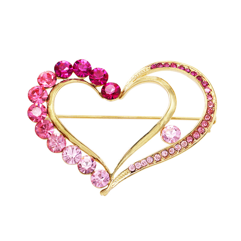 Sparkling Crystal Pink and Gold Tone Rhinestone Heart Brooch Pin