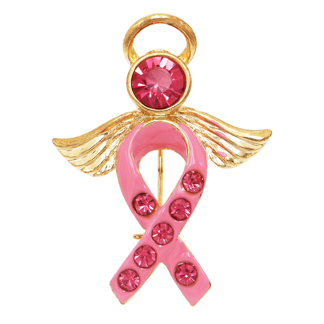 Gold Tone Breast Cancer Awareness Pink Ribbon Enamel And Crystal Angel Brooch Pin 1.75