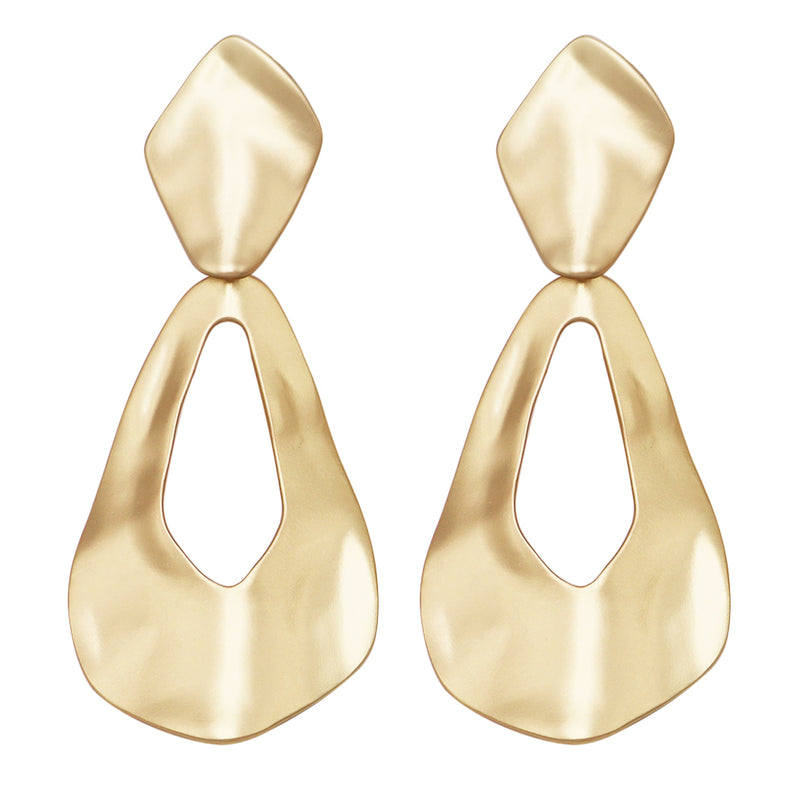 Women's Chic Textured Metal Teardrop Shaped Hoops Statement Clip On Earrings, 3.25" (Matte Gold Tone)