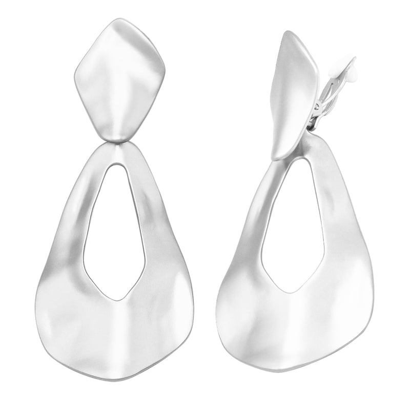 Women's Chic Textured Metal Teardrop Shaped Hoops Statement Clip On Earrings, 3.25" (Polished Silver Tone)