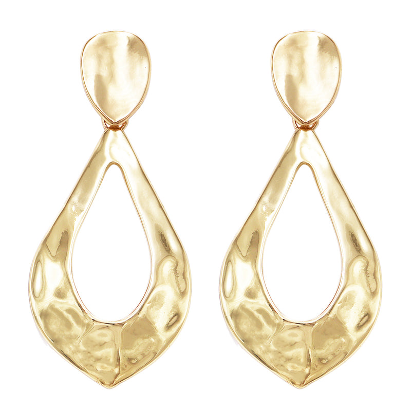 Women's Statement Matte Hammered Metal Teardrop Hoop Dangle Clip on Style Earrings, 3.5" (Matte Gold Tone)