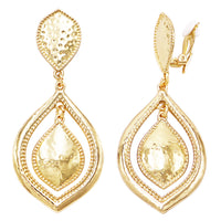 Statement Genie Lamp Hammered Metal Cutout Hoop with Dangle Clip on Style Earrings, 3.25" (Polished Gold Tone)