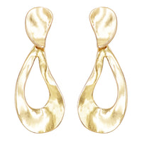 Sleek Curved Metal Teardrop Hoop Dangle Clip Earrings, 3.25" (Polished Gold Tone)
