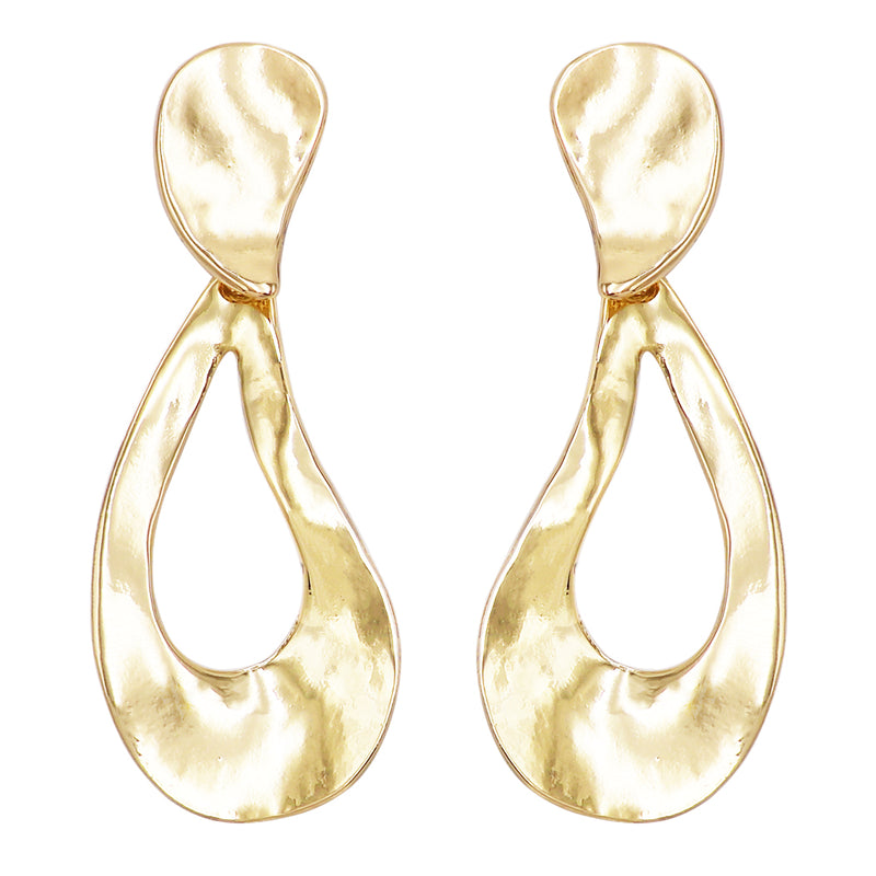 Sleek Curved Metal Teardrop Hoop Dangle Clip Earrings, 3.25" (Polished Gold Tone)