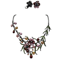Stunning 3D Metal Flowers With Colorful Resin And Crystal Vine Necklace And Earrings Gift Set, 14"+3" Extension (Red Pink Flowers Yellow Crystals Hematite Tone CLIP ON Earring)