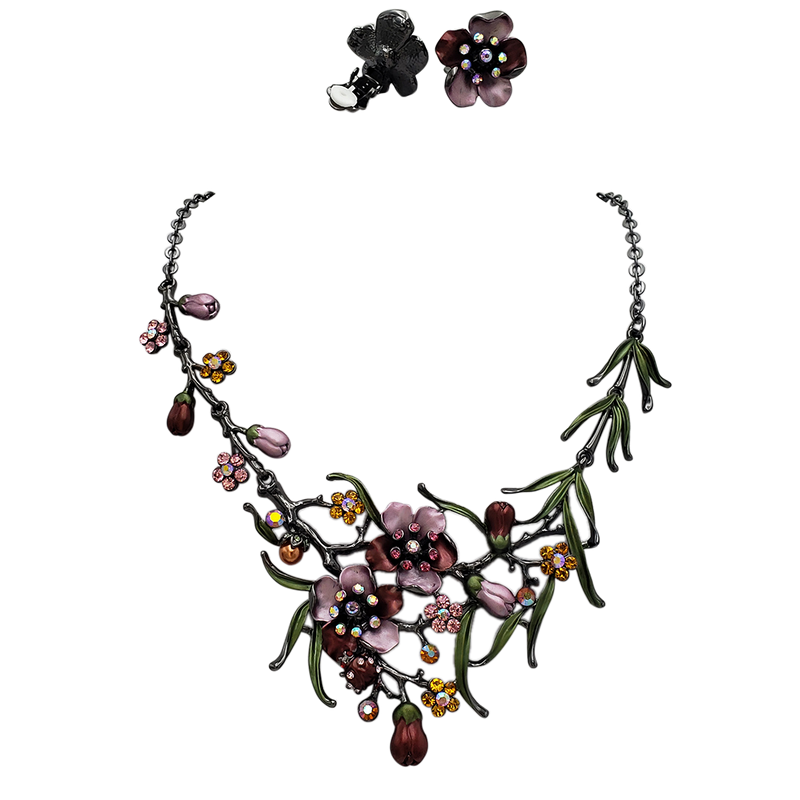 Stunning 3D Metal Flowers With Colorful Resin And Crystal Vine Necklace And Earrings Gift Set, 14"+3" Extension (Red Pink Flowers Yellow Crystals Hematite Tone CLIP ON Earring)