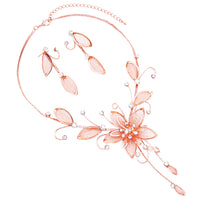 Women's Stunning Large Metal Mesh Flower With Crystal Accents Collar Necklace And Dangle Earrings Jewelry Set, 14"+3" Extension (Rose Gold Tone)