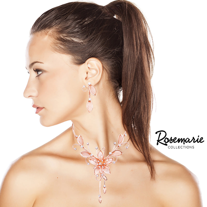 Women's Stunning Large Metal Mesh Flower With Crystal Accents Collar Necklace And Dangle Earrings Jewelry Set, 14"+3" Extension (Rose Gold Tone)