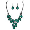 Stunning Teardrop Crystal Holiday Statement Bib Necklace Earrings Gift Set, 13"+3" Extender (Peacock Blue)